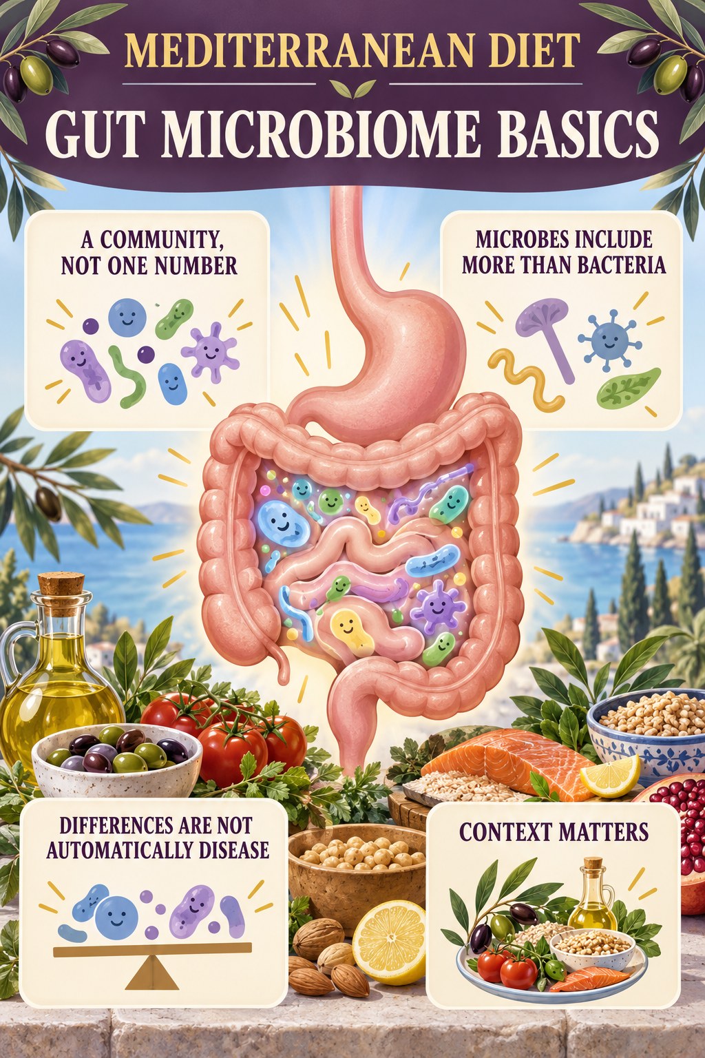 Gut Microbiome Basics Without a Perfect Score educational infographic for Mediterranean Diet with four evidence-aware points.