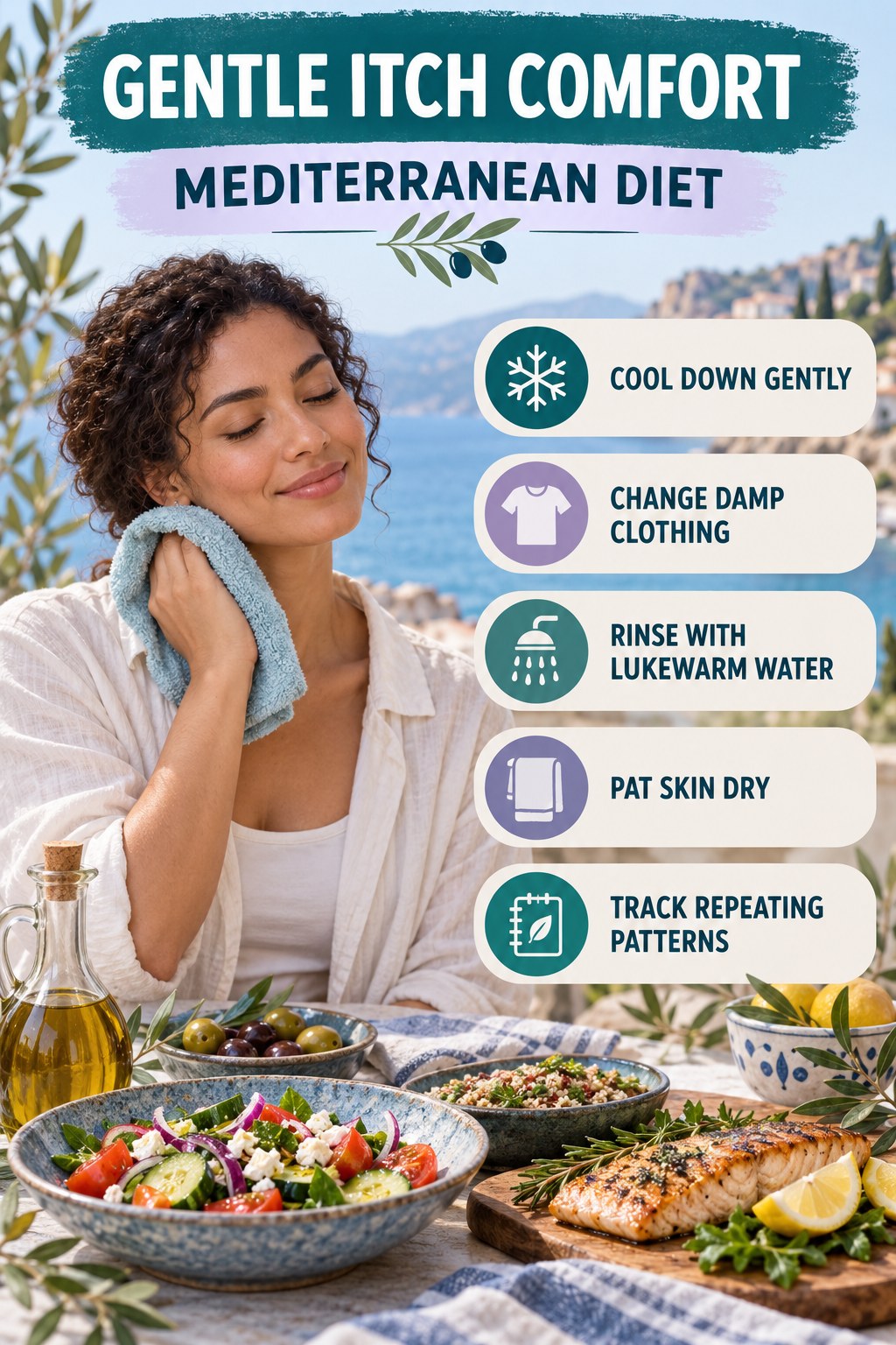 Heat and Sweat Comfort Plan infographic for Mediterranean Diet with five gentle itchy-skin comfort strategies and a non-diagnostic safety focus.