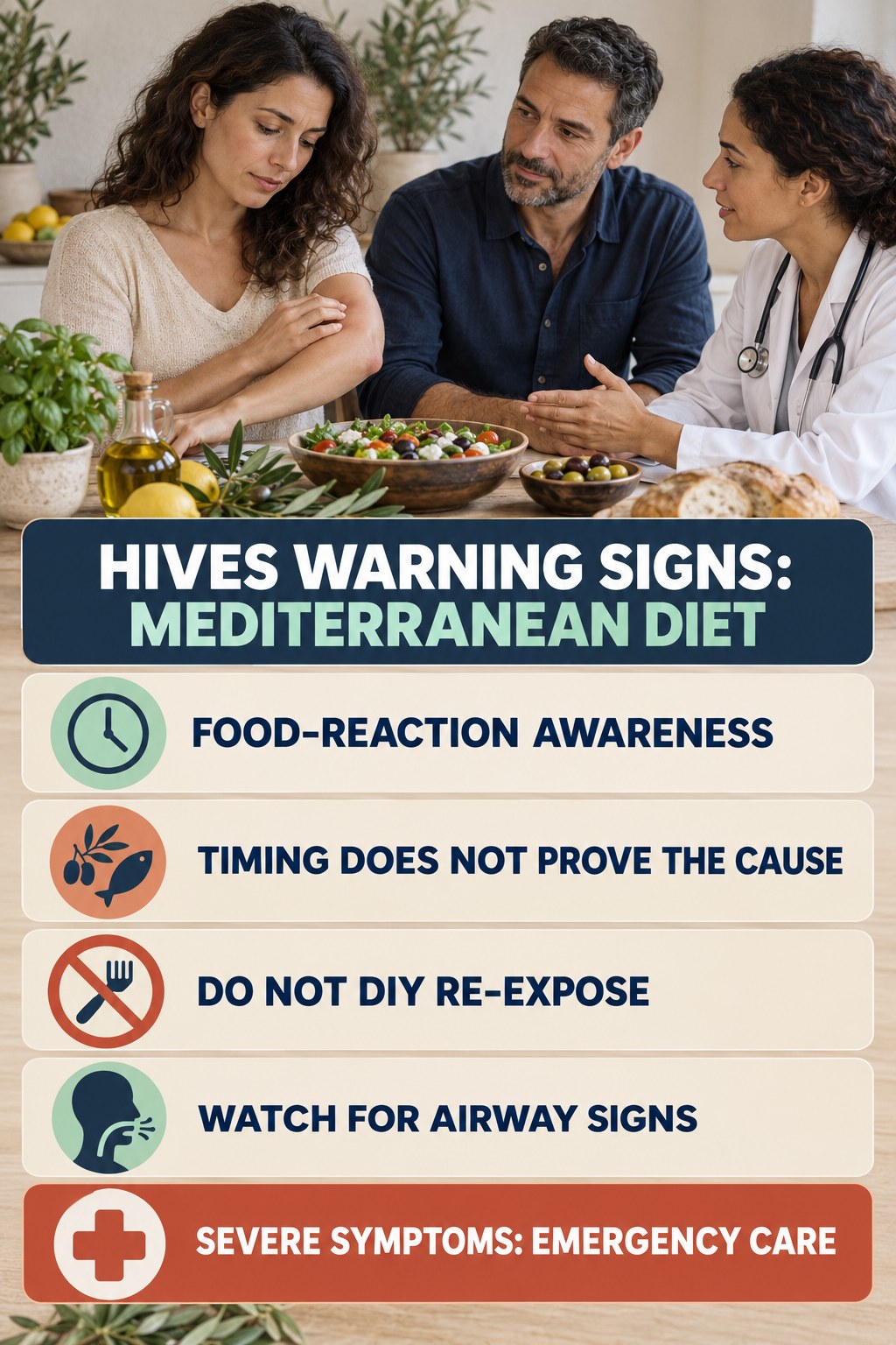 Food-Reaction Awareness infographic for Mediterranean Diet, highlighting urgent breathing, throat, swelling, fainting, and rapid-progression warning signs without diagnosing hives.