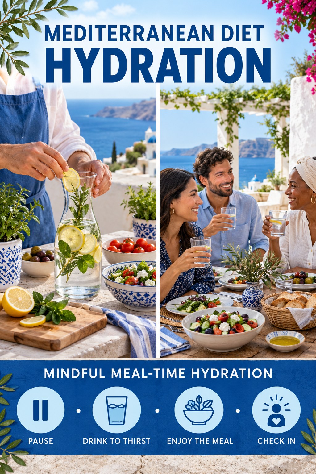 Mediterranean Diet hydration graphic titled Mindful Meal-Time Hydration with four flexible water-habit prompts and no fixed intake target.