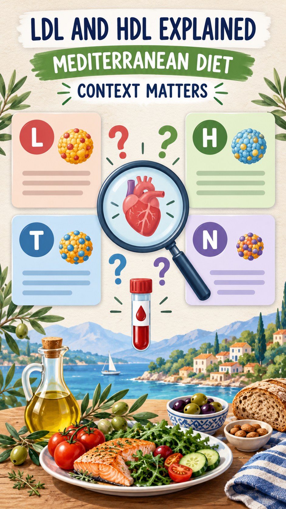 LDL and HDL Context Guide infographic for Mediterranean Diet, using a non-numerical educational lipid-panel layout with question and context icons.