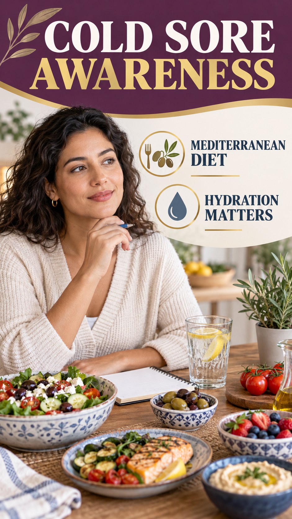 Meal Comfort Awareness infographic for Mediterranean Diet, explaining that possible cold-sore triggers vary by person.