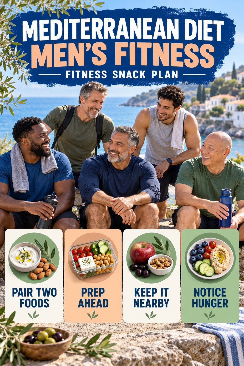 Mediterranean Diet men’s fitness graphic titled Fitness Snack Plan with four practical training prompts.