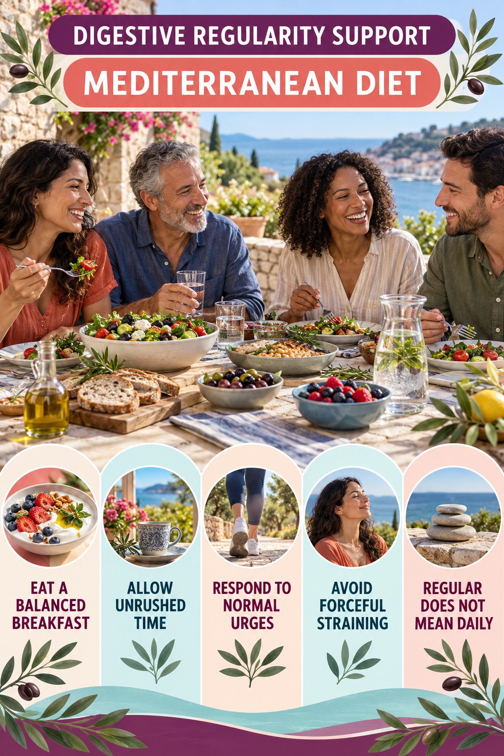 Morning Digestive Wellness infographic for Mediterranean Diet with five practical food, hydration, movement, or routine actions and no cleanse claims.