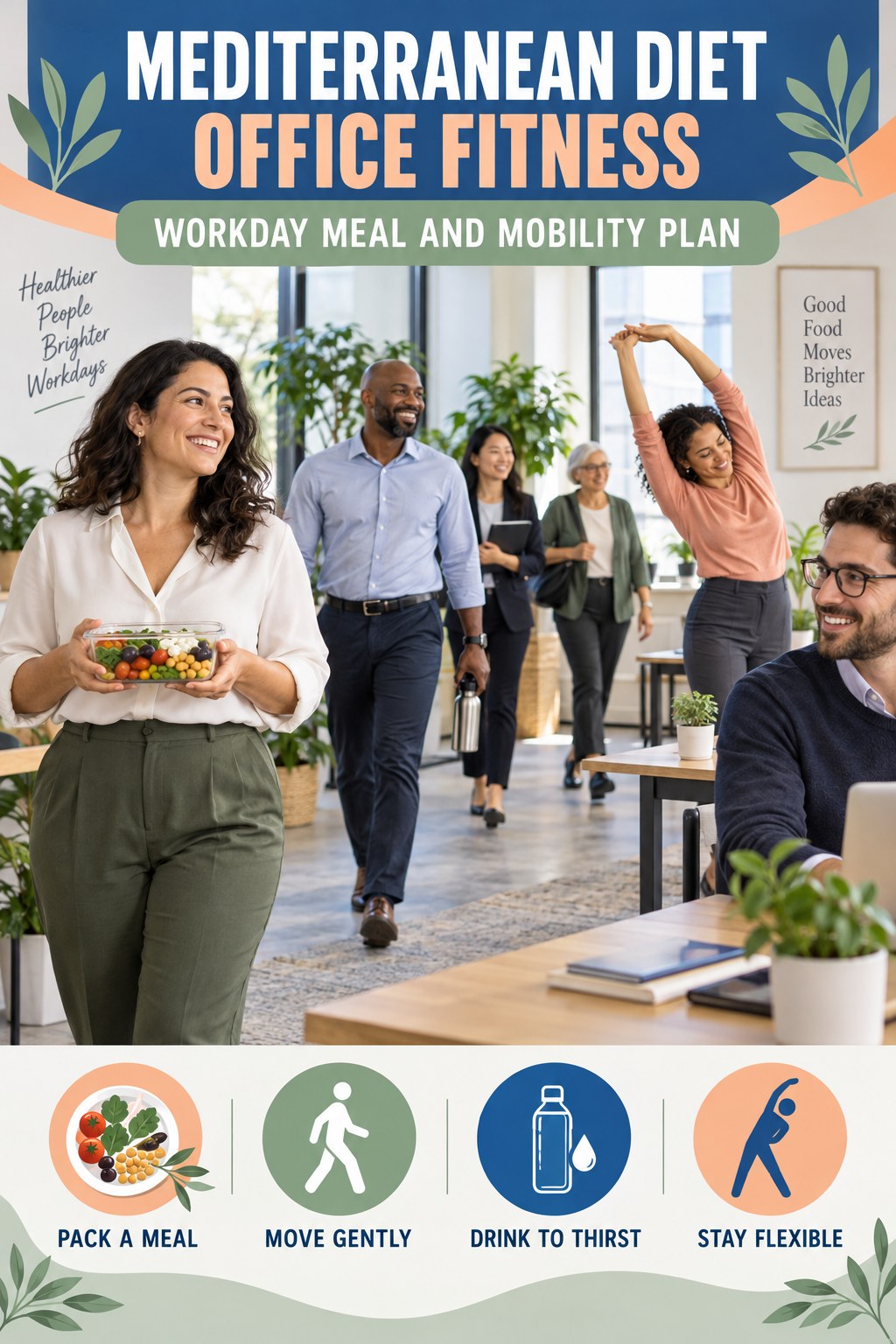 Mediterranean Diet office-fitness graphic titled Workday Meal and Mobility Plan with four practical workday movement prompts.