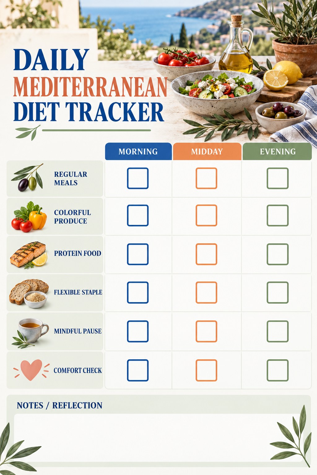 Daily Mediterranean Diet printable-style tracker graphic with six labeled rows, empty checkboxes, and a reflection area.