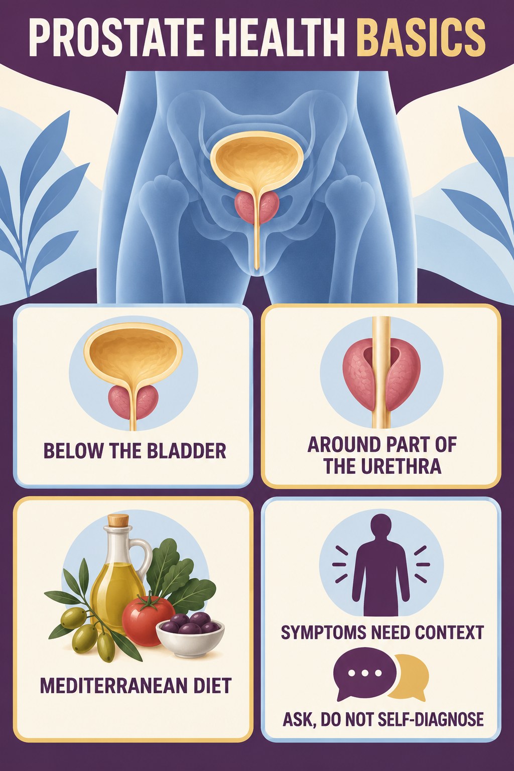 Prostate Anatomy Without Myths infographic for Mediterranean Diet with four concise prostate-health awareness points.