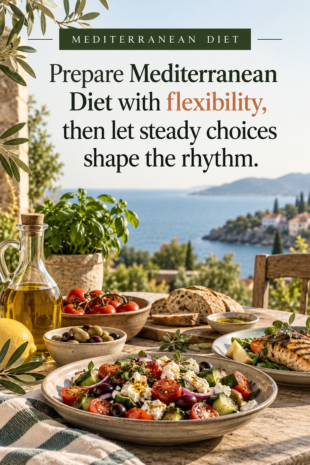 Original Mediterranean Diet quote graphic reading “Prepare Mediterranean Diet with flexibility, then let steady choices shape the rhythm.” in a board-relevant editorial design.