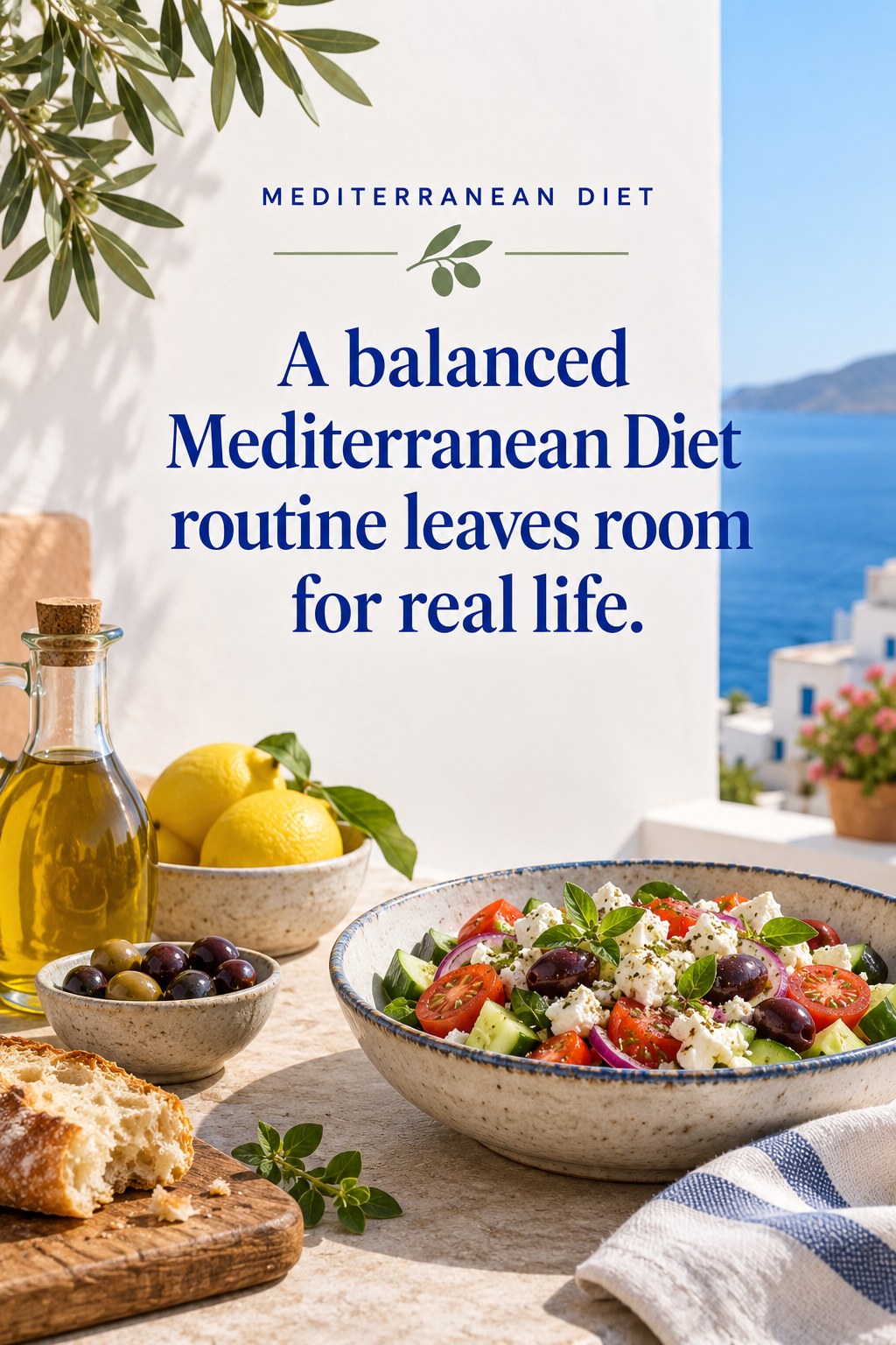 Original Mediterranean Diet quote graphic reading “A balanced Mediterranean Diet routine leaves room for real life.” in a board-relevant editorial design.
