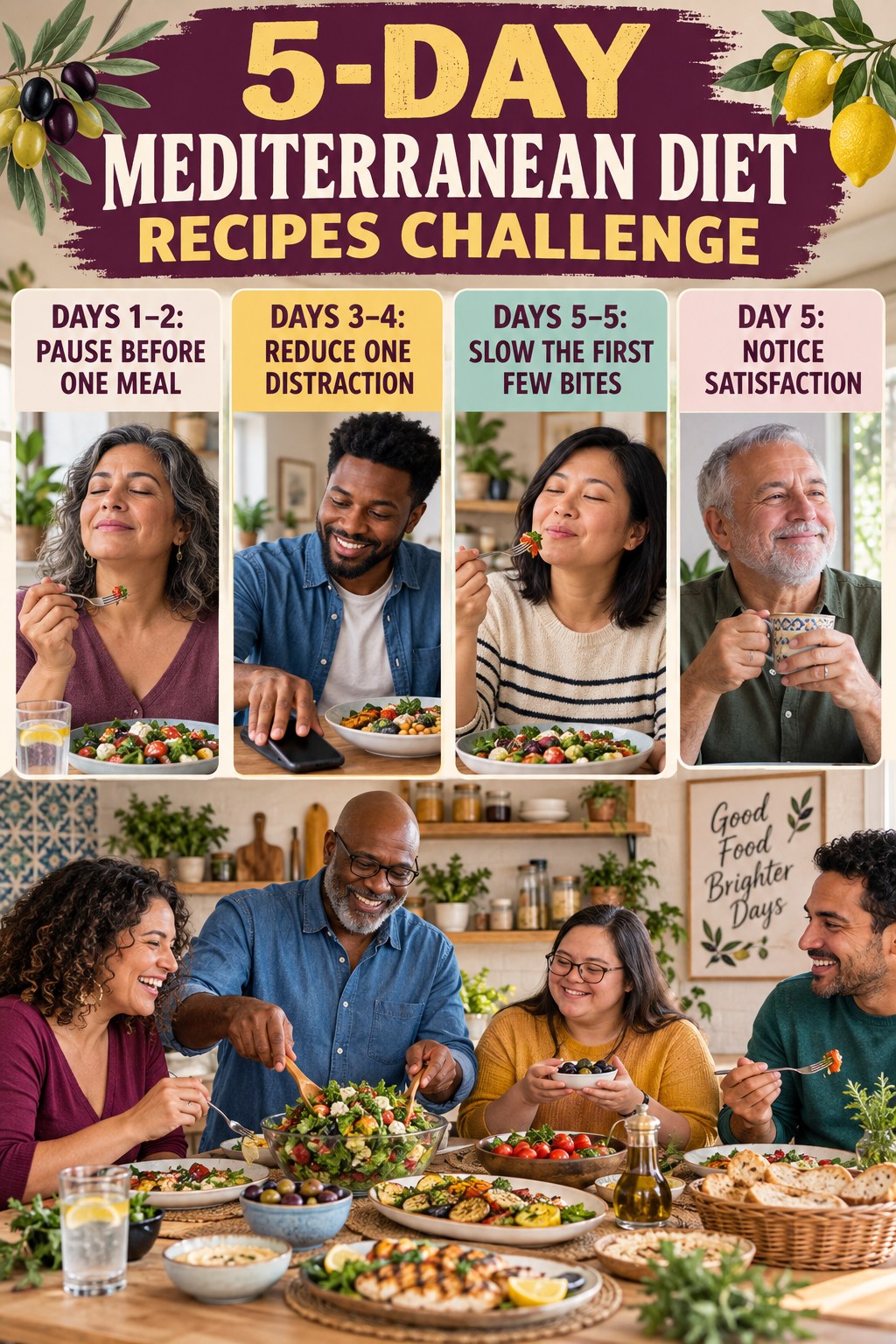5-day Mediterranean Diet Recipes challenge graphic showing four manageable milestones for consistent practice.