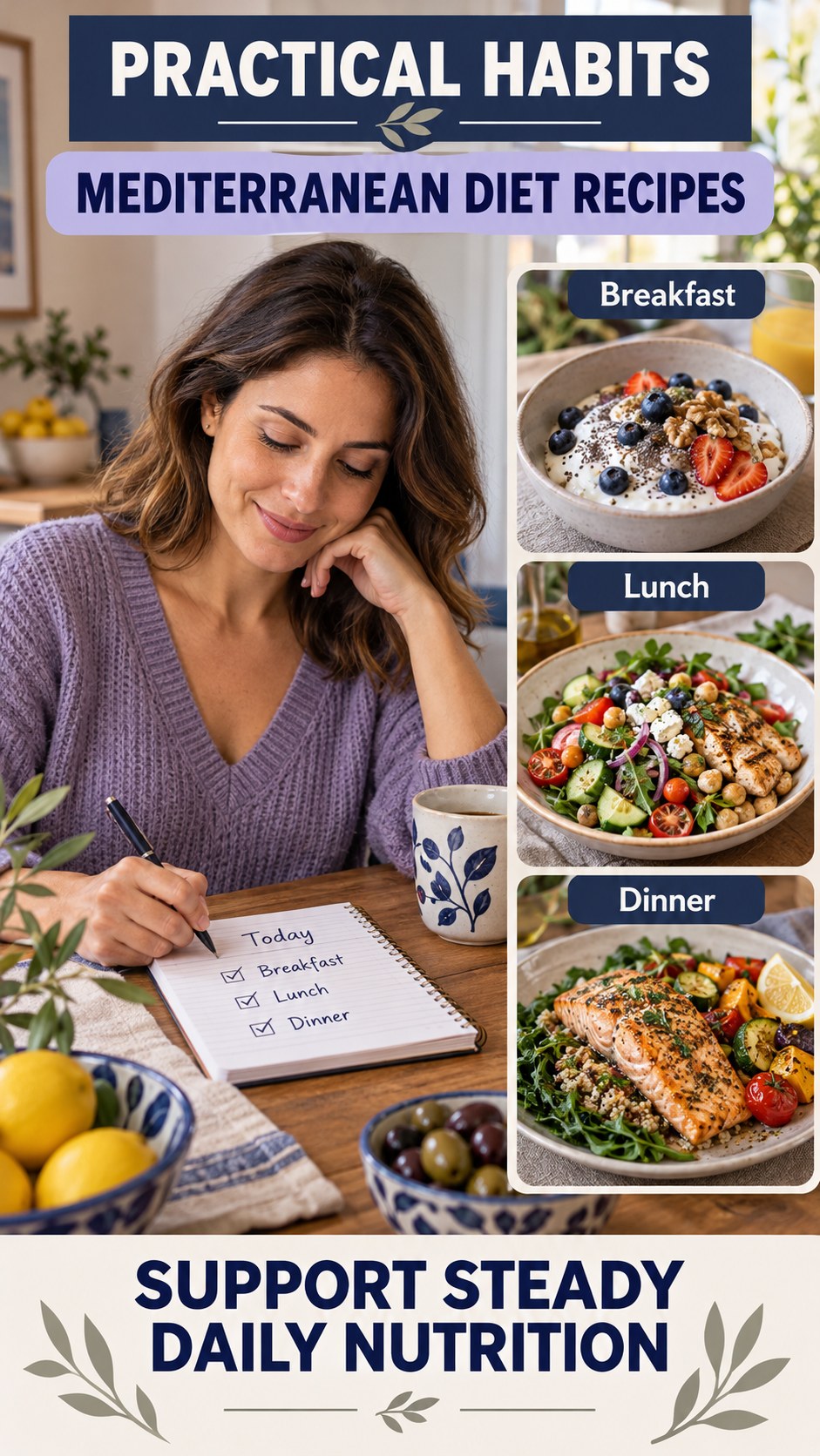 Steady Daily Nutrition infographic for Mediterranean Diet Recipes, showing practical metabolism-support habits for an active lifestyle.
