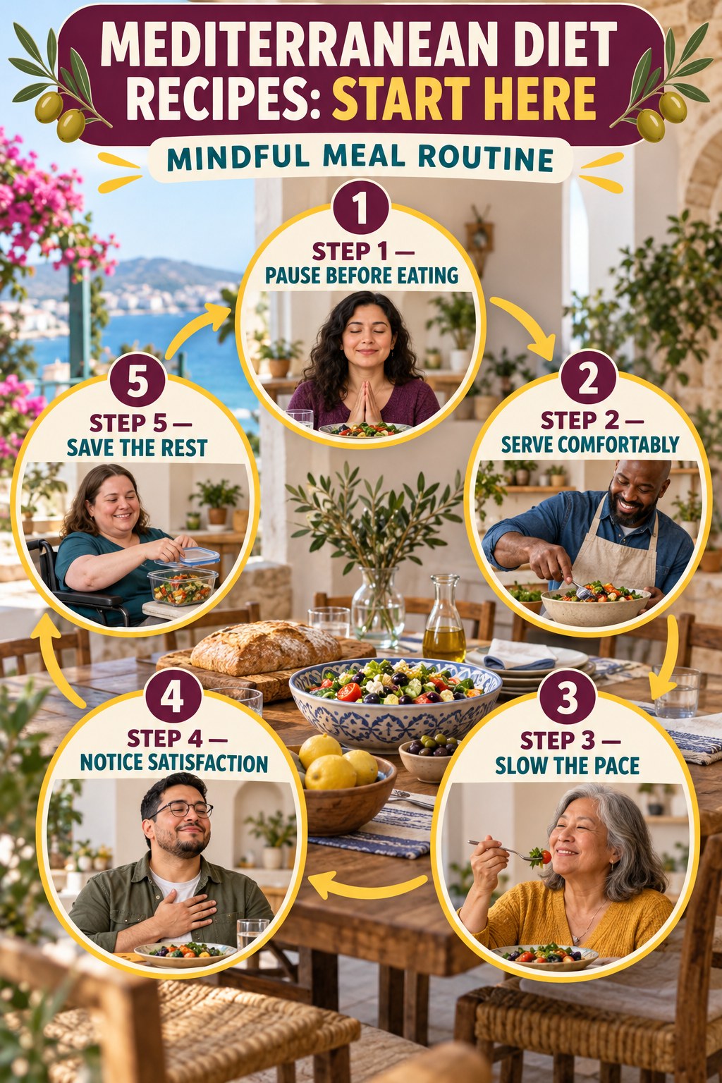 Mediterranean Diet Recipes beginner guide graphic showing five manageable stages for mindful meal routine.