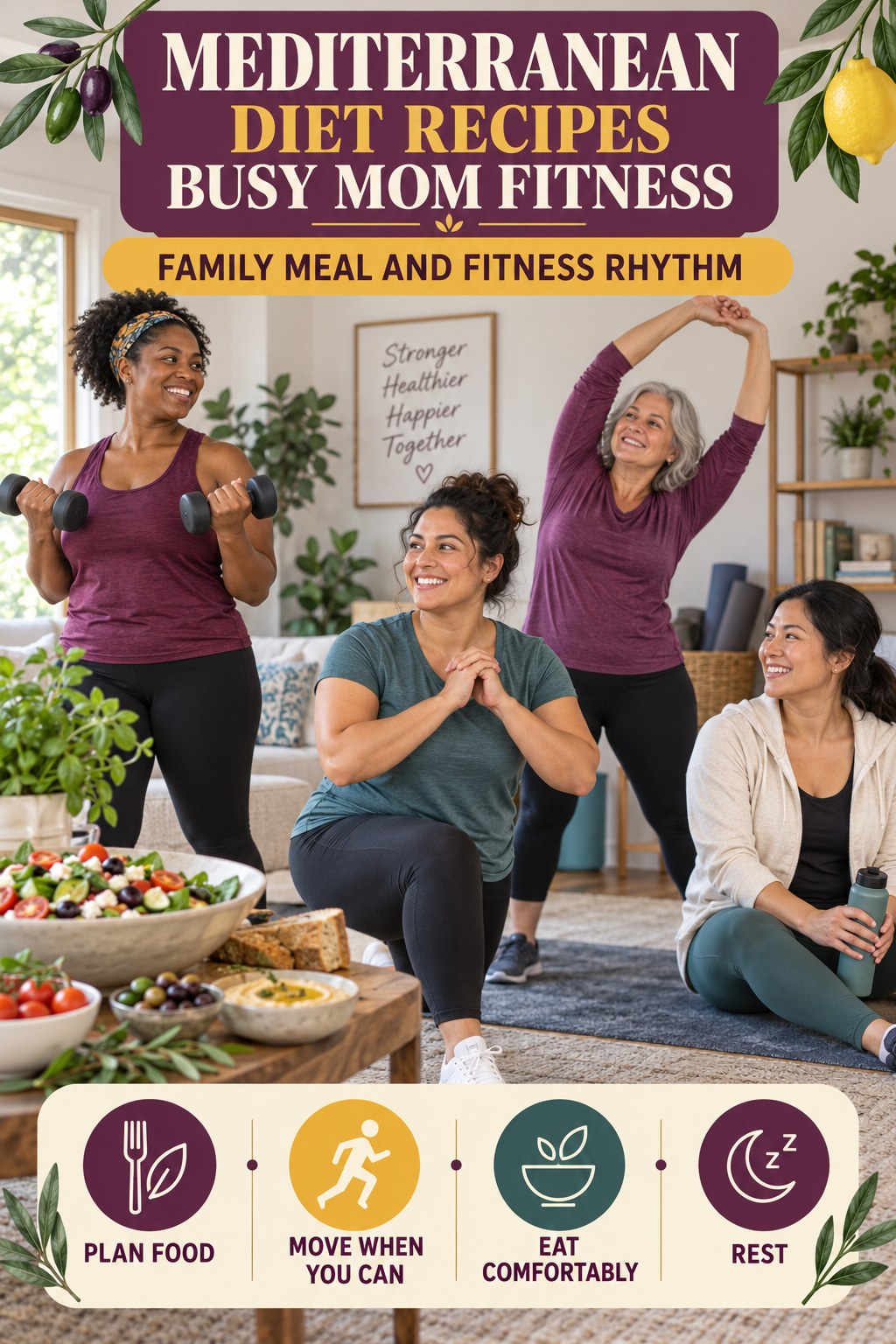 Mediterranean Diet Recipes busy-mom fitness graphic titled Family Meal and Fitness Rhythm with four practical movement prompts.