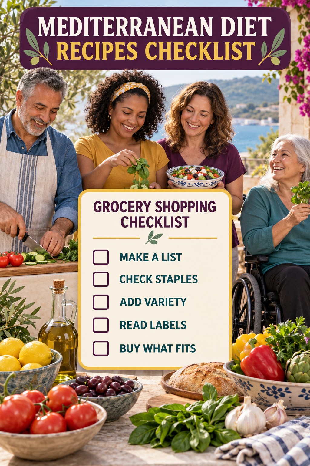 Mediterranean Diet Recipes checklist graphic titled Grocery Shopping Checklist with five clear practical wellness items.