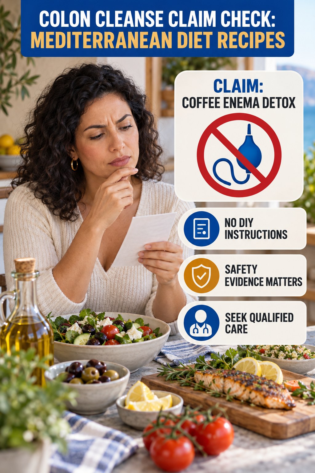 Coffee Enema Claims infographic for Mediterranean Diet Recipes, separating a colon-cleanse marketing claim from evidence, reasonable conclusions, and safety context.