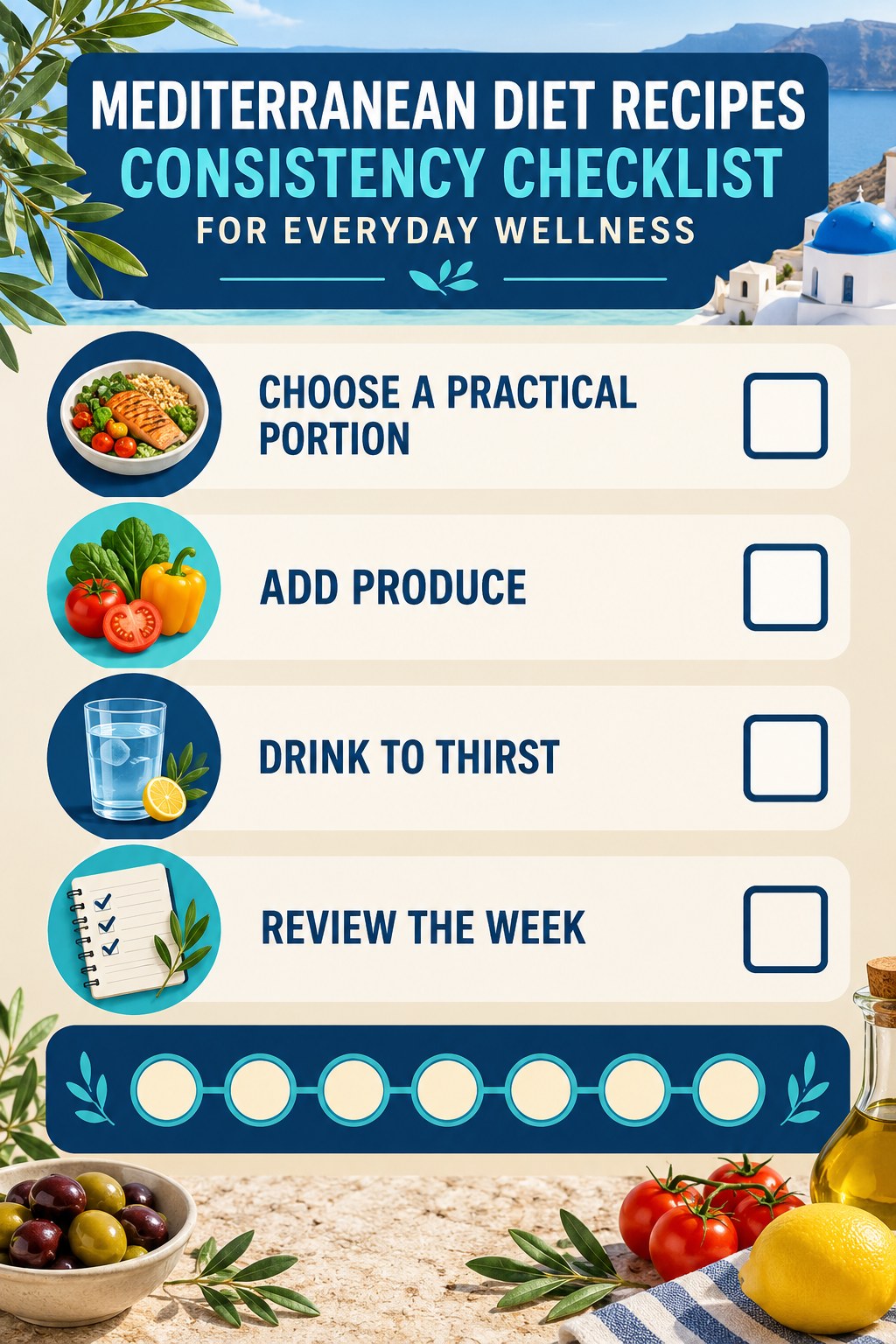 Mediterranean Diet Recipes Consistency Checklist for Everyday Wellness infographic with checkboxes for choose a practical portion, add produce, drink to thirst, review the week.