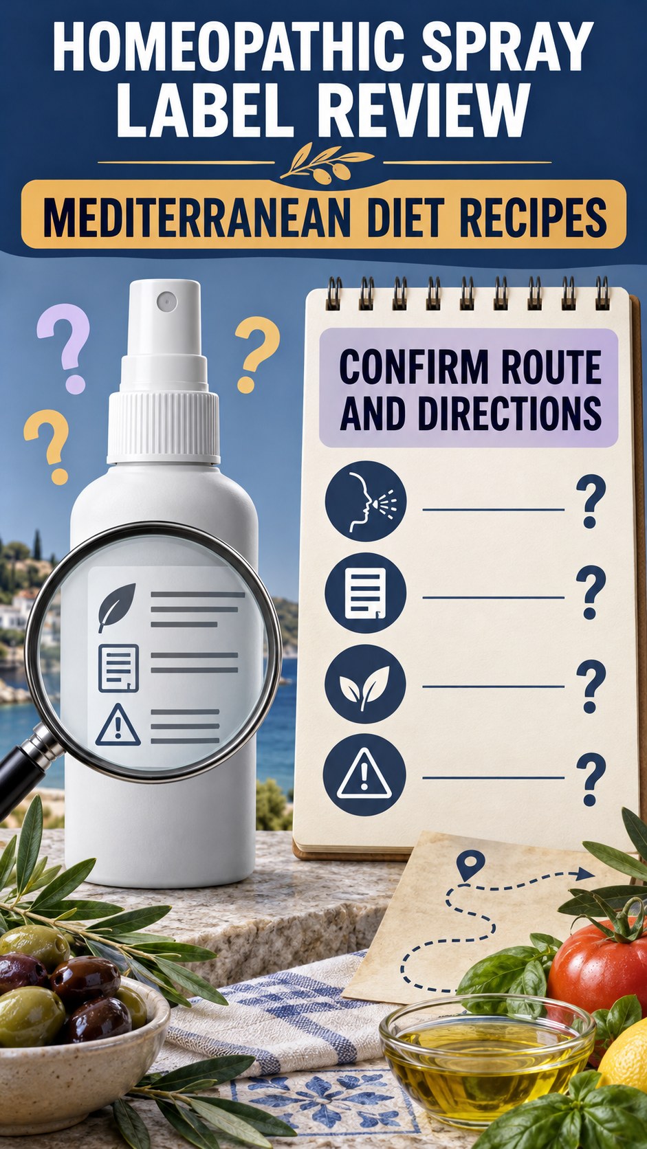 Directions and Route Review infographic for Mediterranean Diet Recipes, showing a generic spray-label checklist that separates available facts, missing details, and evidence questions.