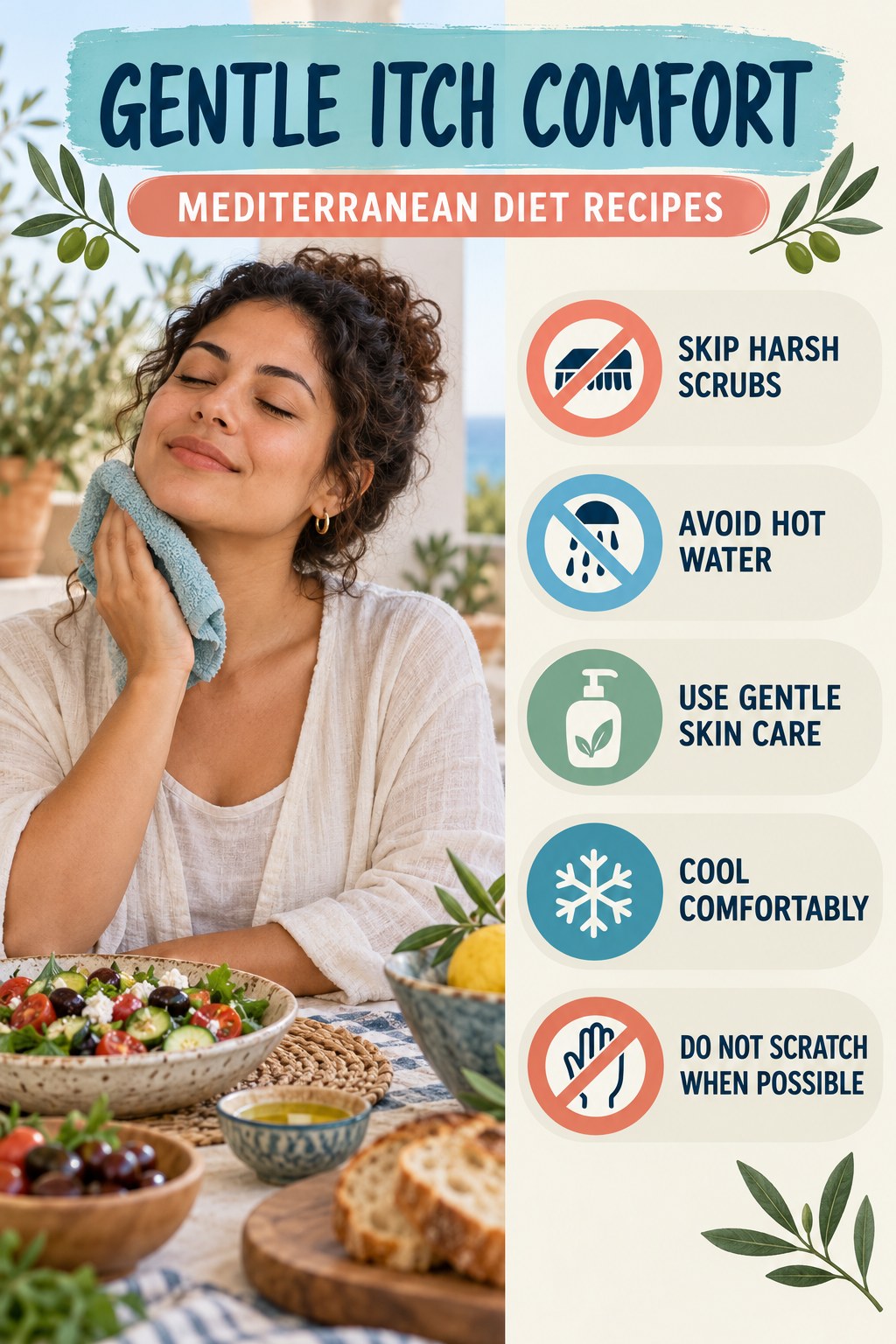 Do Less Irritating, More Soothing infographic for Mediterranean Diet Recipes with five gentle itchy-skin comfort strategies and a non-diagnostic safety focus.