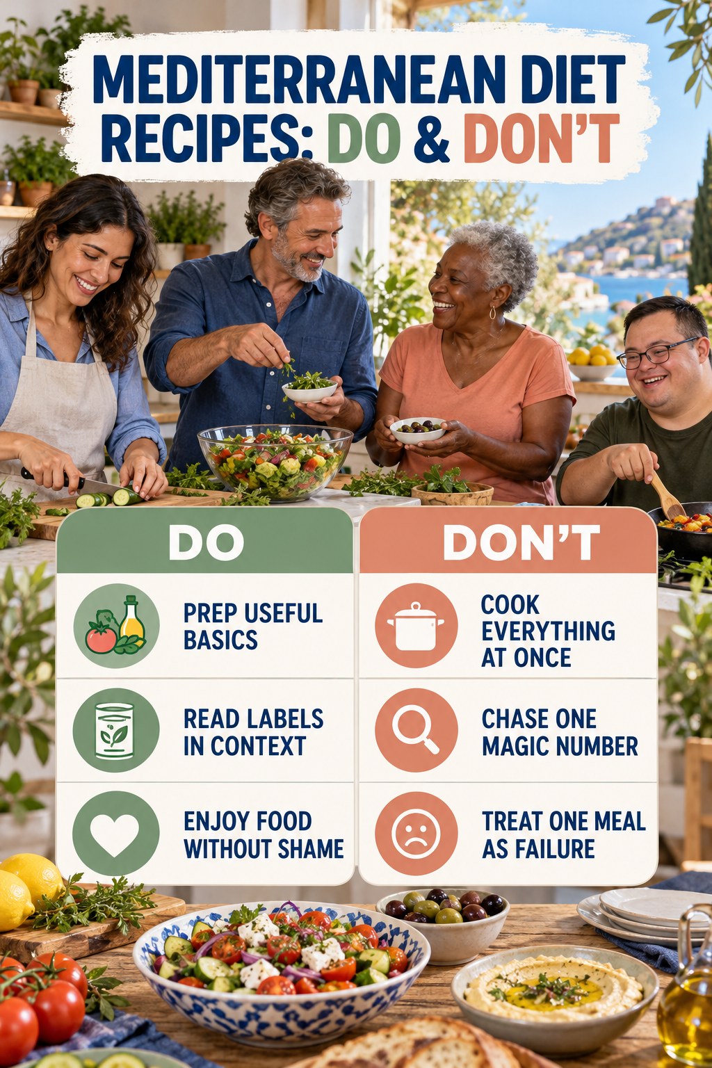 Mediterranean Diet Recipes Do and Don’t comparison graphic showing three practical behavior pairs for comfortable portions.
