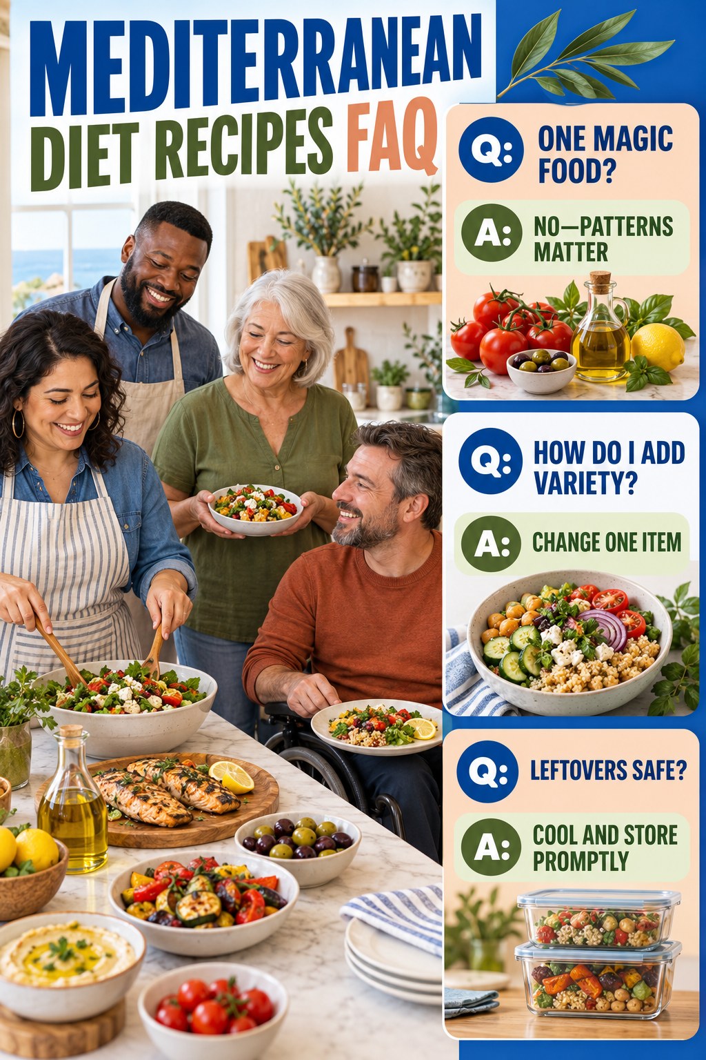 Mediterranean Diet Recipes FAQ graphic with three concise questions and practical answers for beginners.