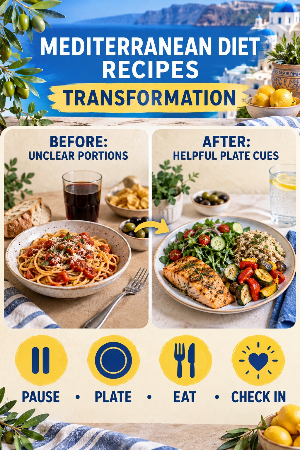 Mediterranean Diet Recipes habit transformation graphic comparing unclear portions with helpful plate cues using four practical steps.