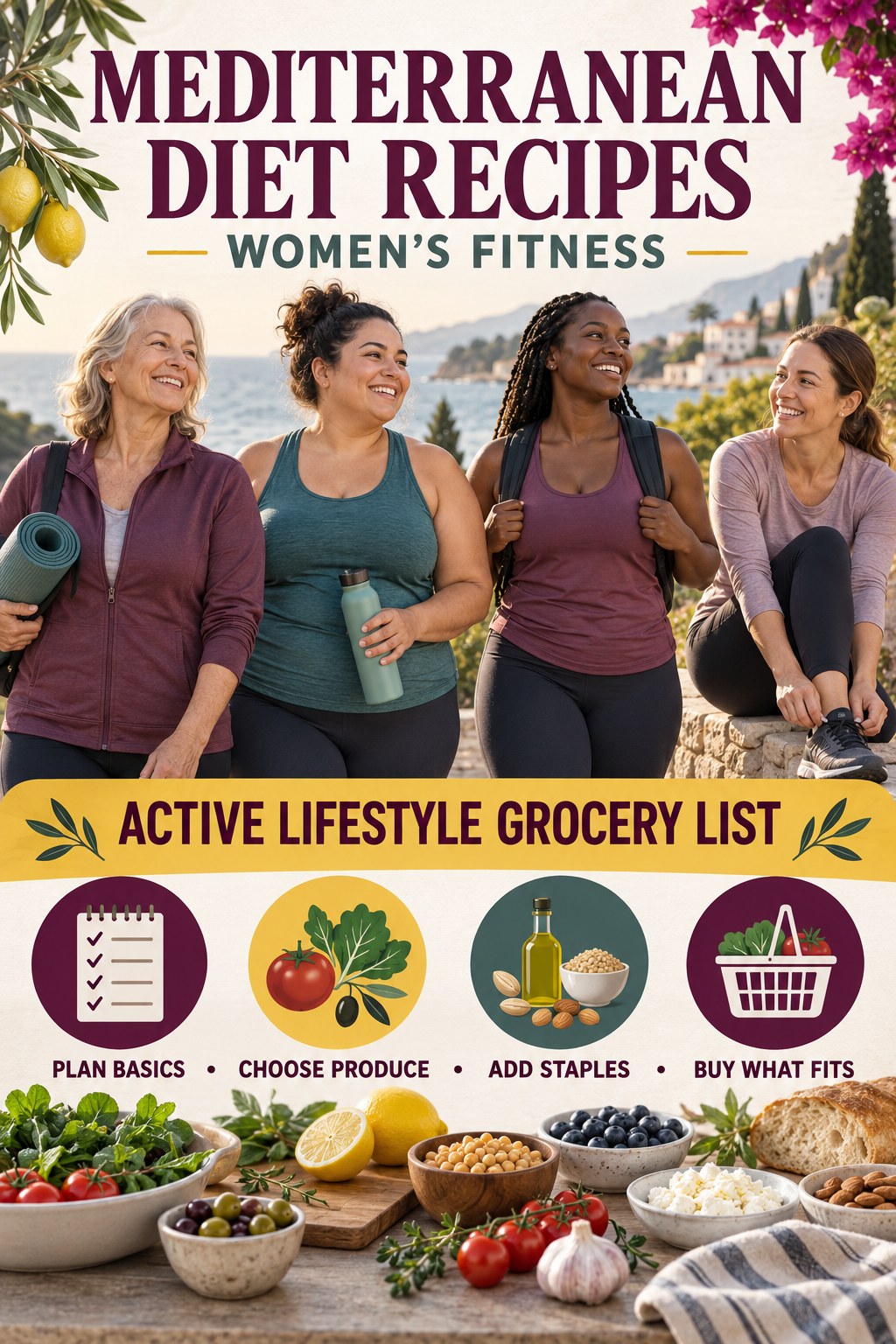 Mediterranean Diet Recipes women’s fitness graphic titled Active Lifestyle Grocery List with four practical training prompts.