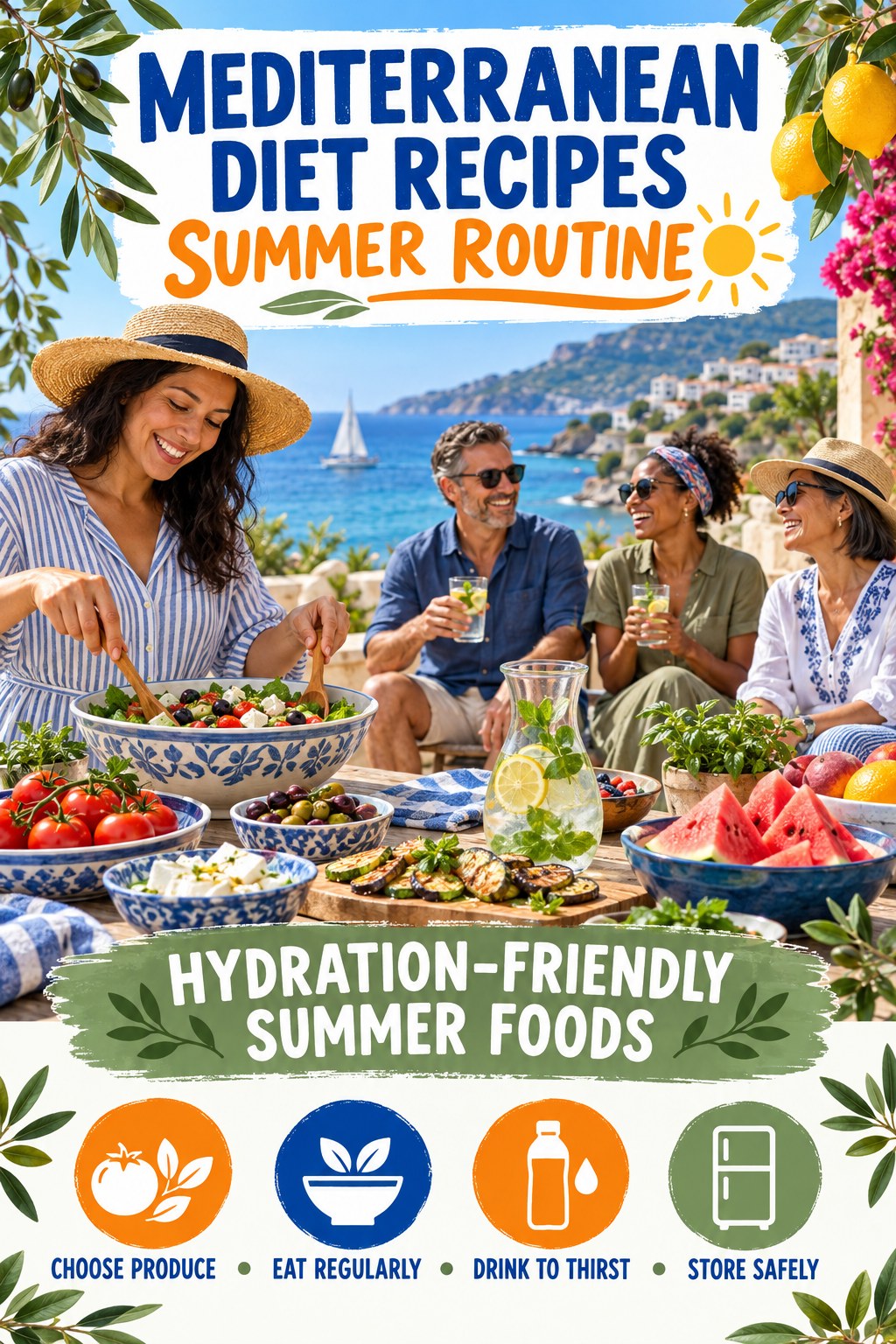 Mediterranean Diet Recipes summer routine graphic titled Hydration-Friendly Summer Foods with four practical wellness prompts.