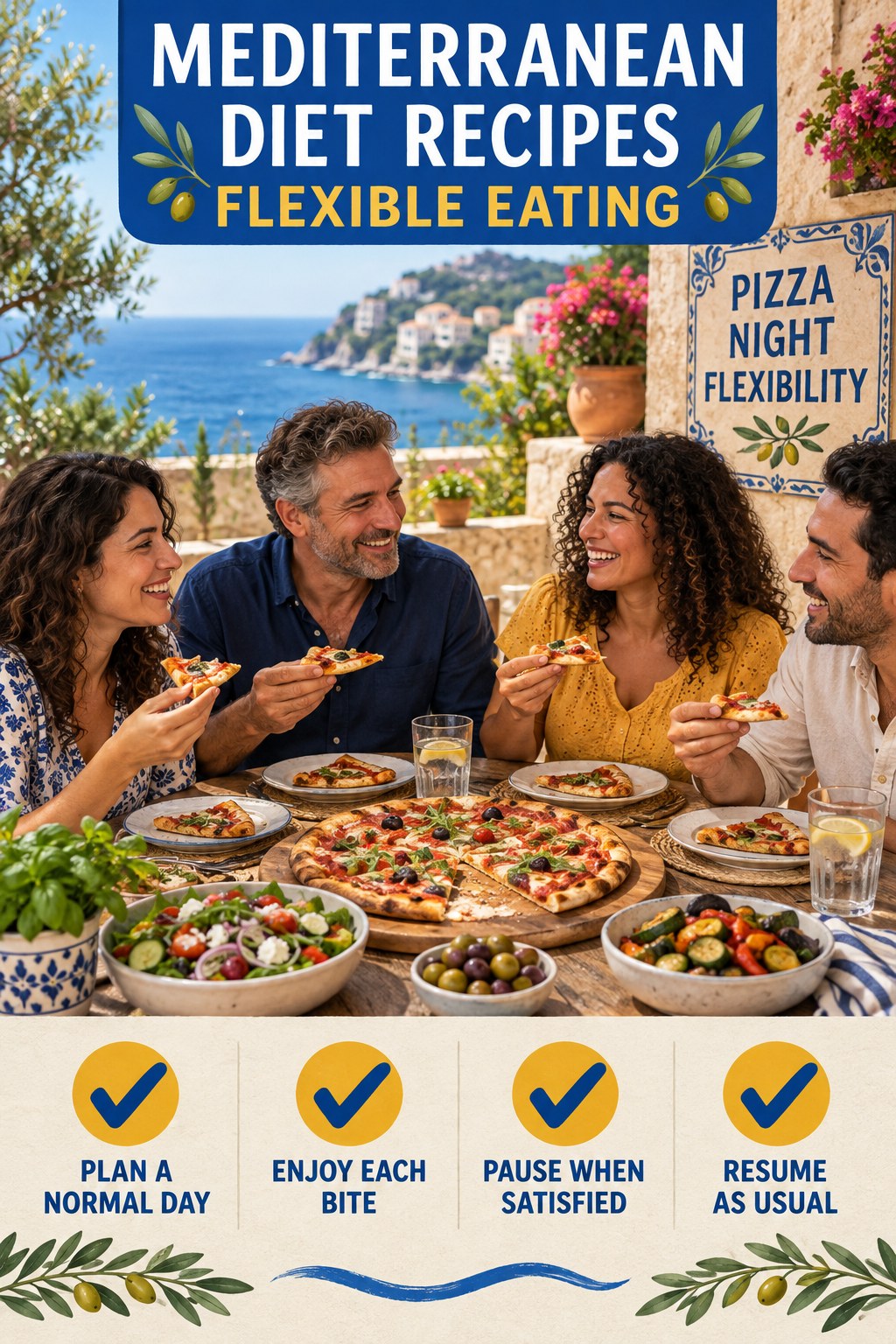Mediterranean Diet Recipes flexible eating graphic titled Pizza Night Flexibility with four practical balance prompts.