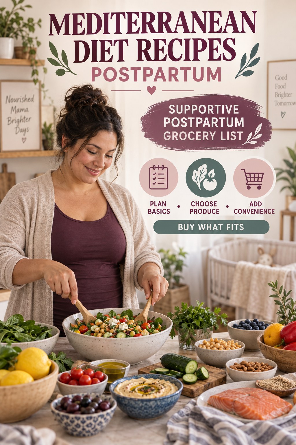 Mediterranean Diet Recipes postpartum graphic titled Supportive Postpartum Grocery List with four gradual recovery-aware prompts.