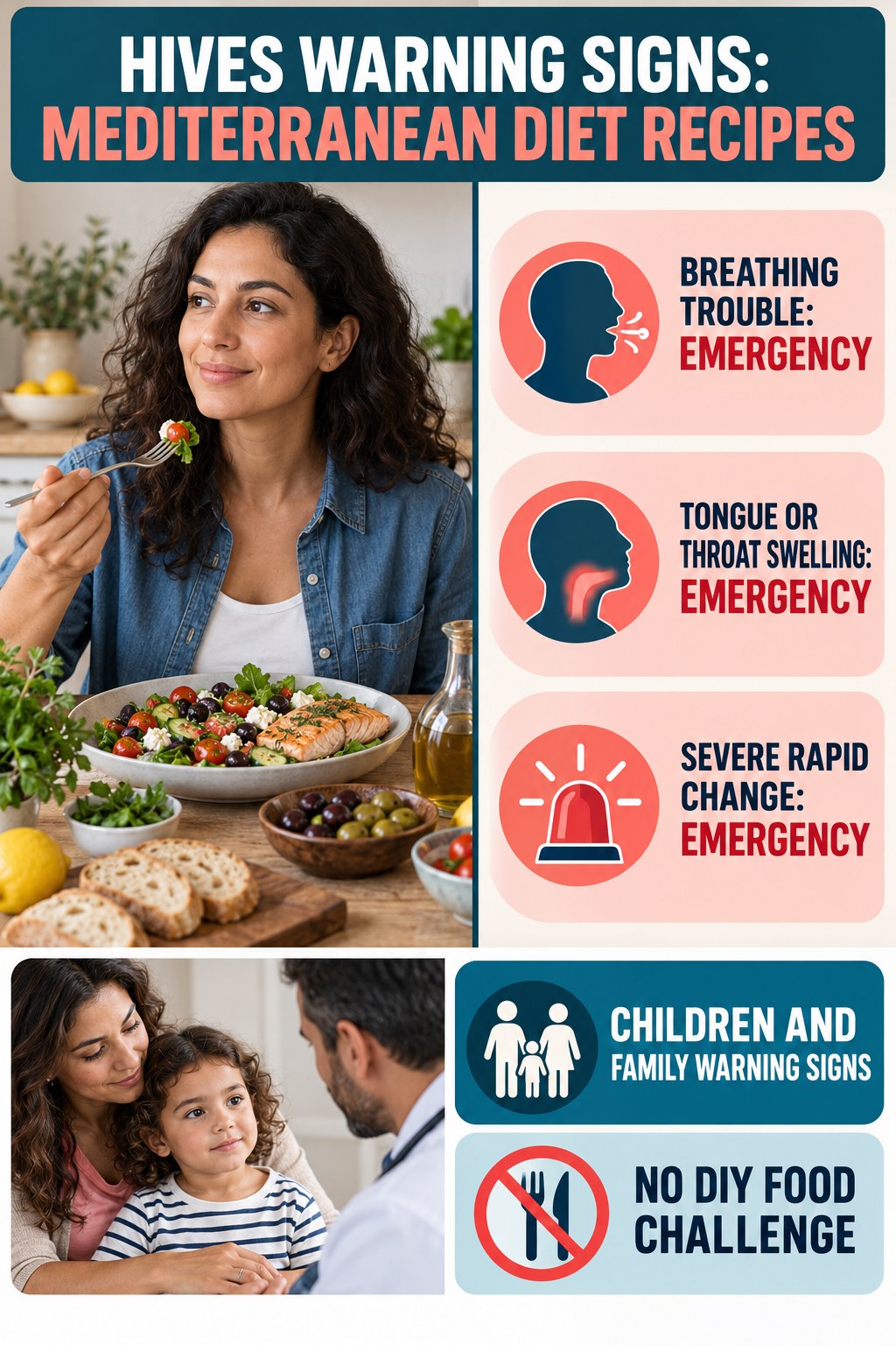 Children and Family Warning Signs infographic for Mediterranean Diet Recipes, highlighting urgent breathing, throat, swelling, fainting, and rapid-progression warning signs without diagnosing hives.