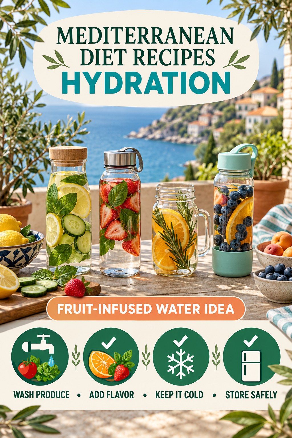 Mediterranean Diet Recipes hydration graphic titled Fruit-Infused Water Idea with four flexible water-habit prompts and no fixed intake target.