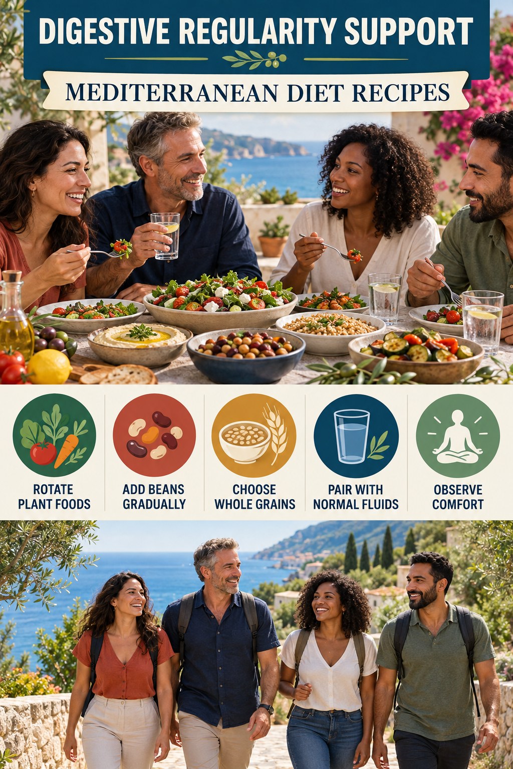 Meal Prep for Fiber Variety infographic for Mediterranean Diet Recipes with five practical food, hydration, movement, or routine actions and no cleanse claims.