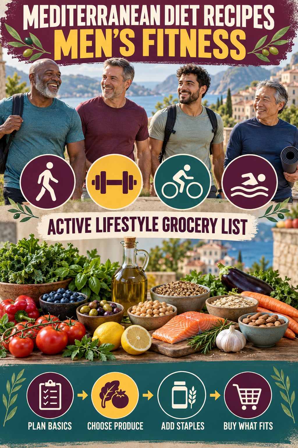 Mediterranean Diet Recipes men’s fitness graphic titled Active Lifestyle Grocery List with four practical training prompts.