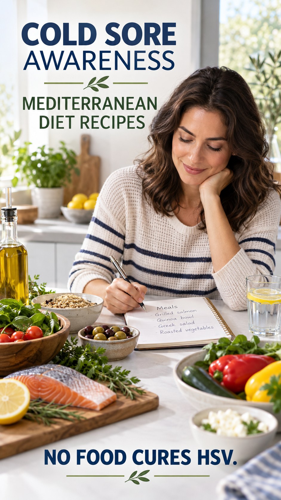 No Miracle Food Claims infographic for Mediterranean Diet Recipes, explaining that possible cold-sore triggers vary by person.
