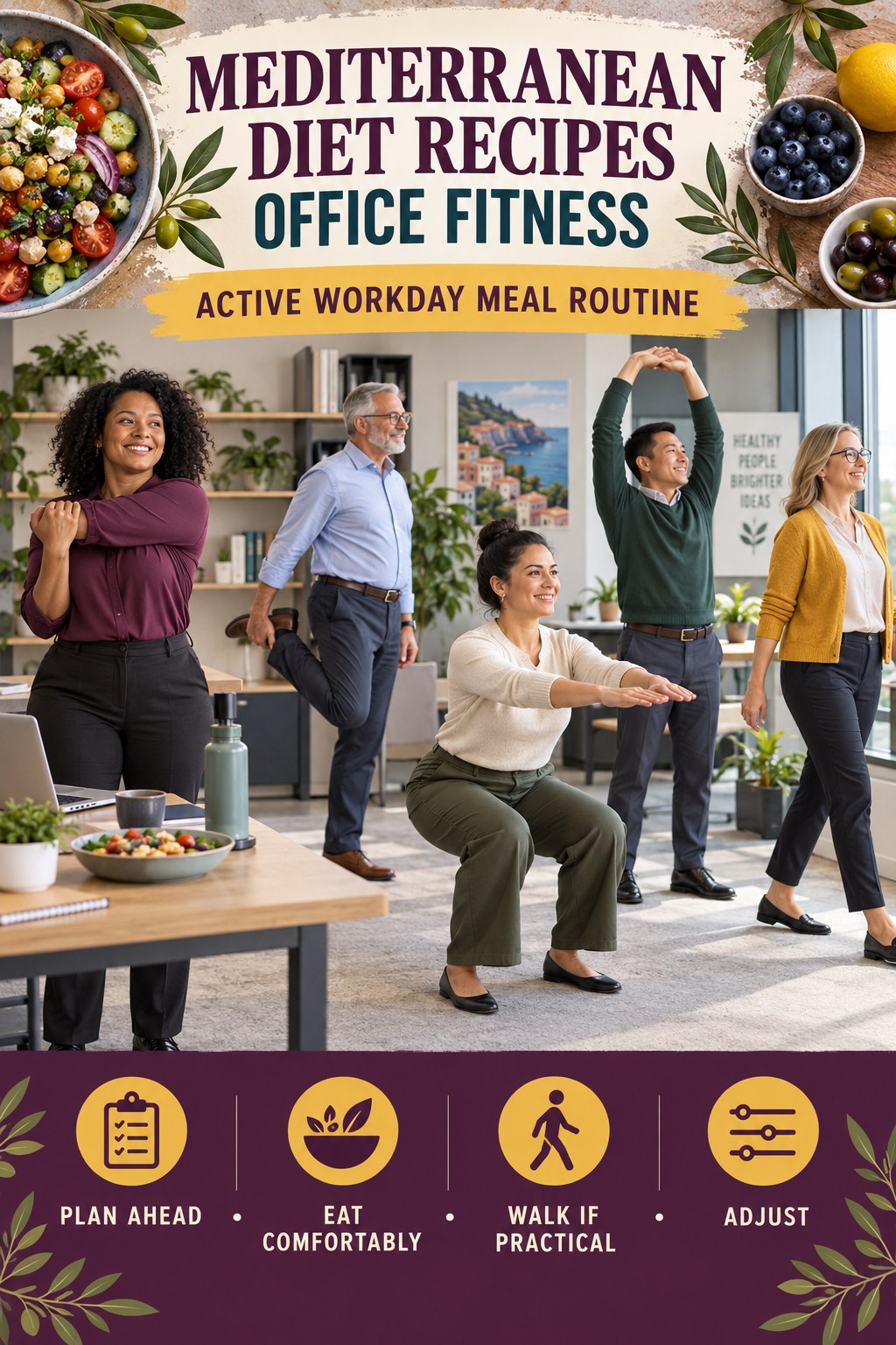 Mediterranean Diet Recipes office-fitness graphic titled Active Workday Meal Routine with four practical workday movement prompts.
