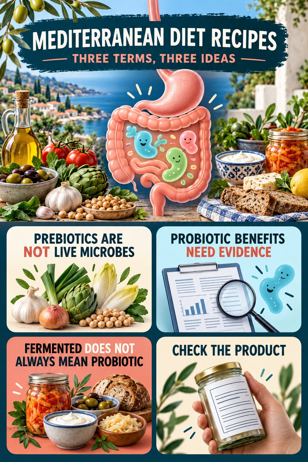Prebiotics, Probiotics, and Fermented Foods educational infographic for Mediterranean Diet Recipes with four evidence-aware points.