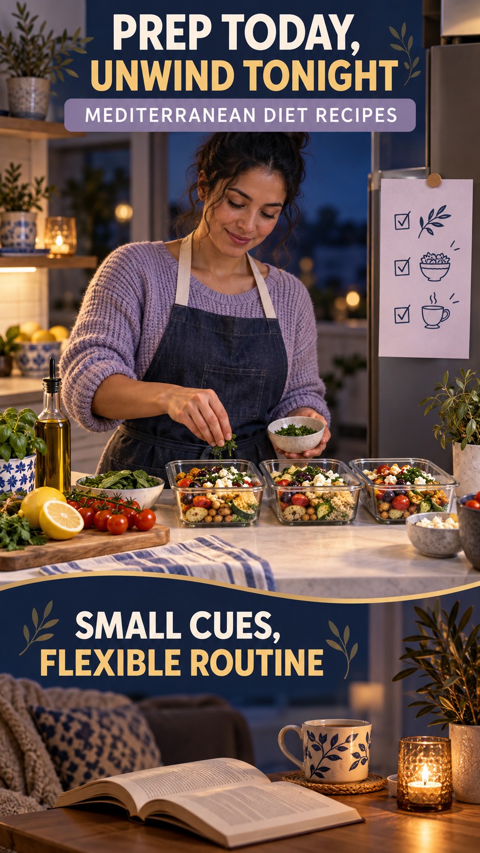 Meal Prep and Sleep Routine infographic for Mediterranean Diet Recipes, showing a flexible and calming evening wellness routine.