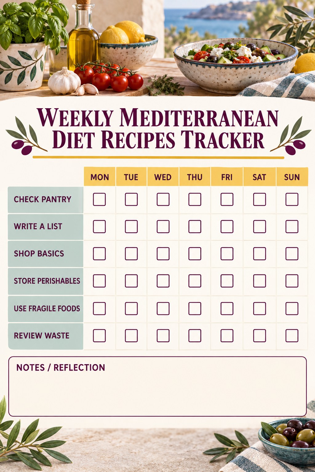 Weekly Mediterranean Diet Recipes printable-style tracker graphic with six labeled rows, empty checkboxes, and a reflection area.