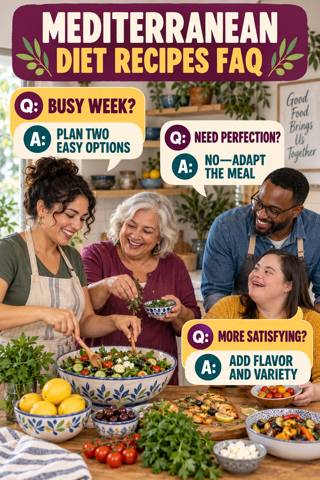 Mediterranean Diet Recipes FAQ graphic with three concise questions and practical answers for beginners.