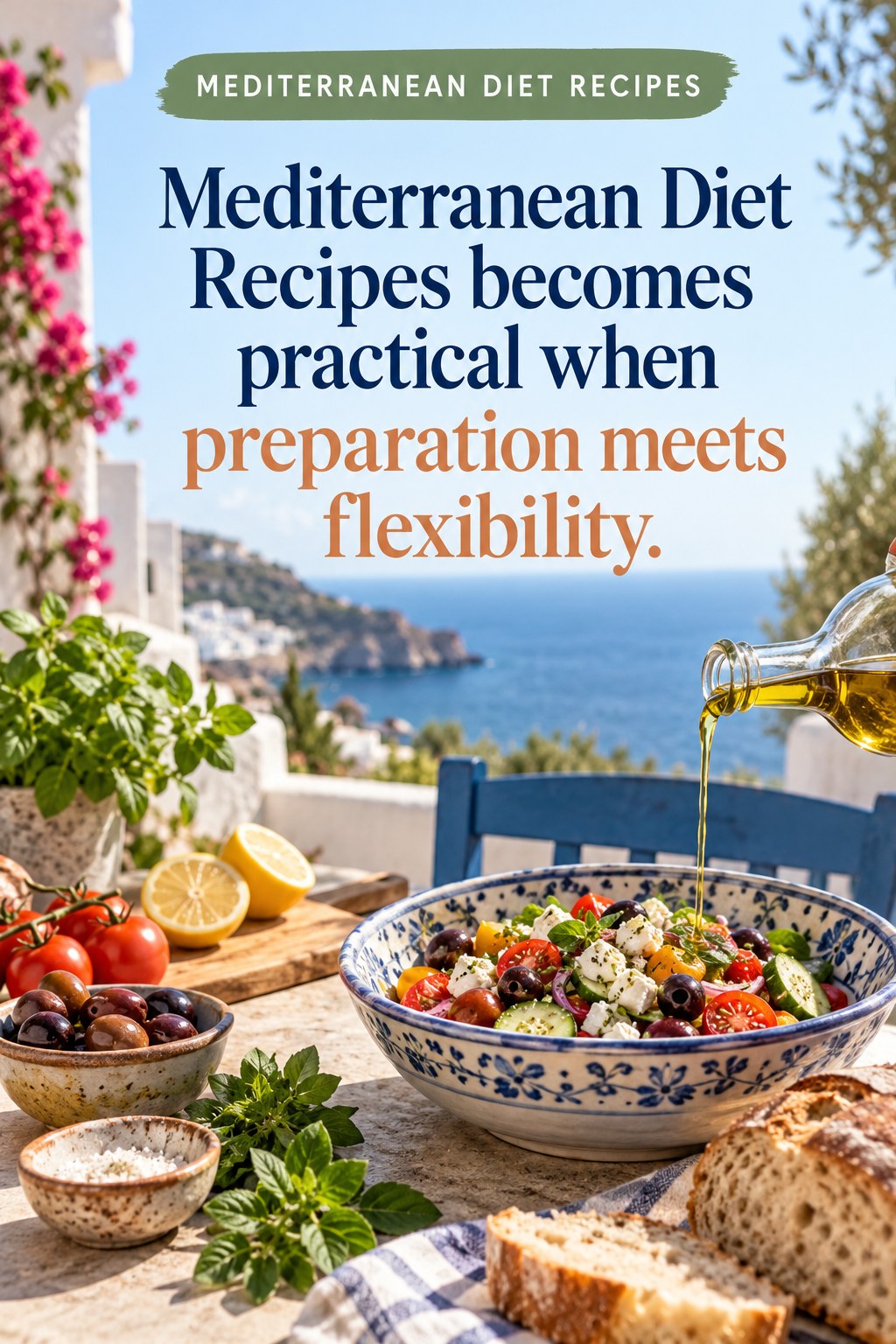 Original Mediterranean Diet Recipes quote graphic reading “Mediterranean Diet Recipes becomes practical when preparation meets flexibility.” in a board-relevant editorial design.