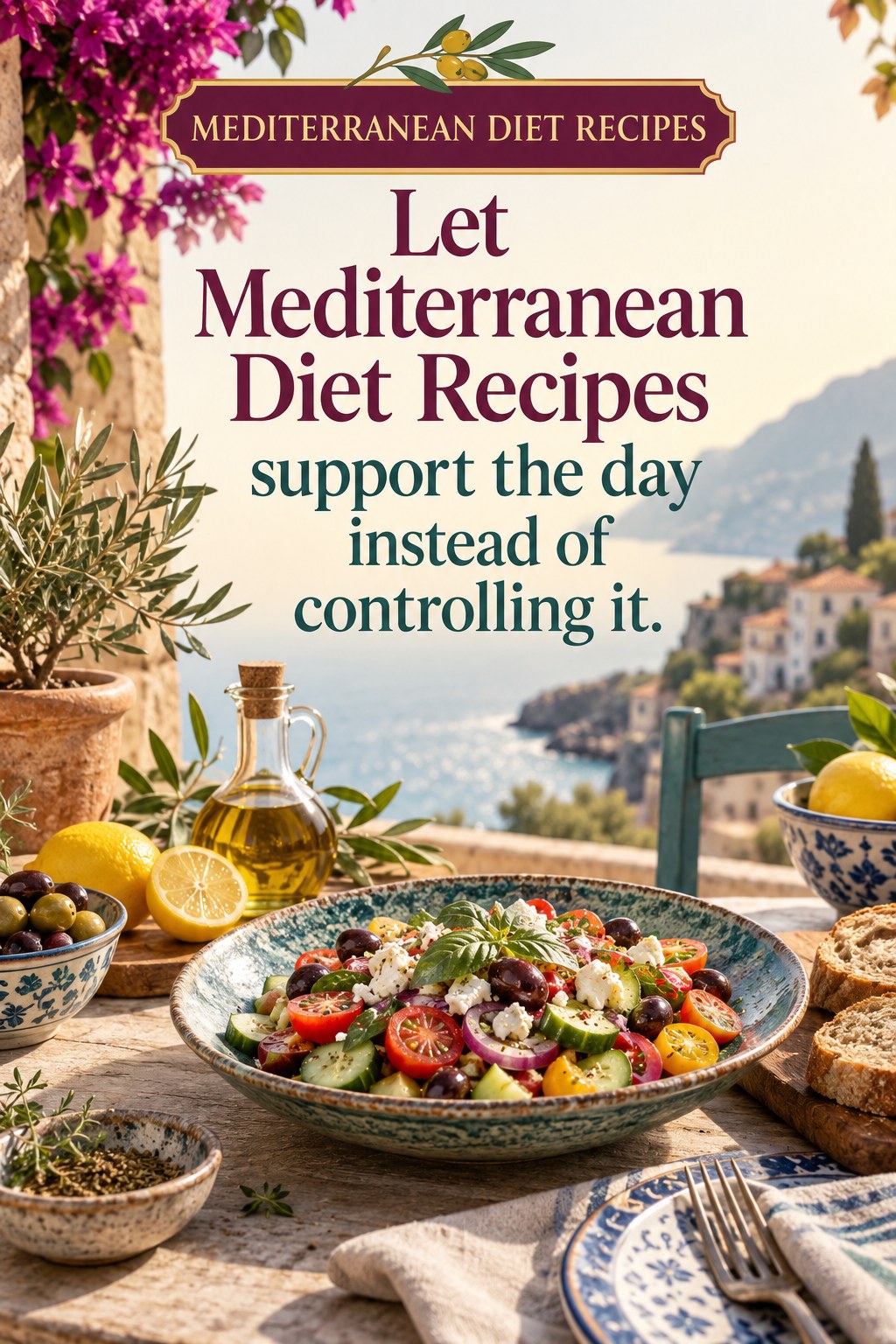 Original Mediterranean Diet Recipes quote graphic reading “Let Mediterranean Diet Recipes support the day instead of controlling it.” in a board-relevant editorial design.