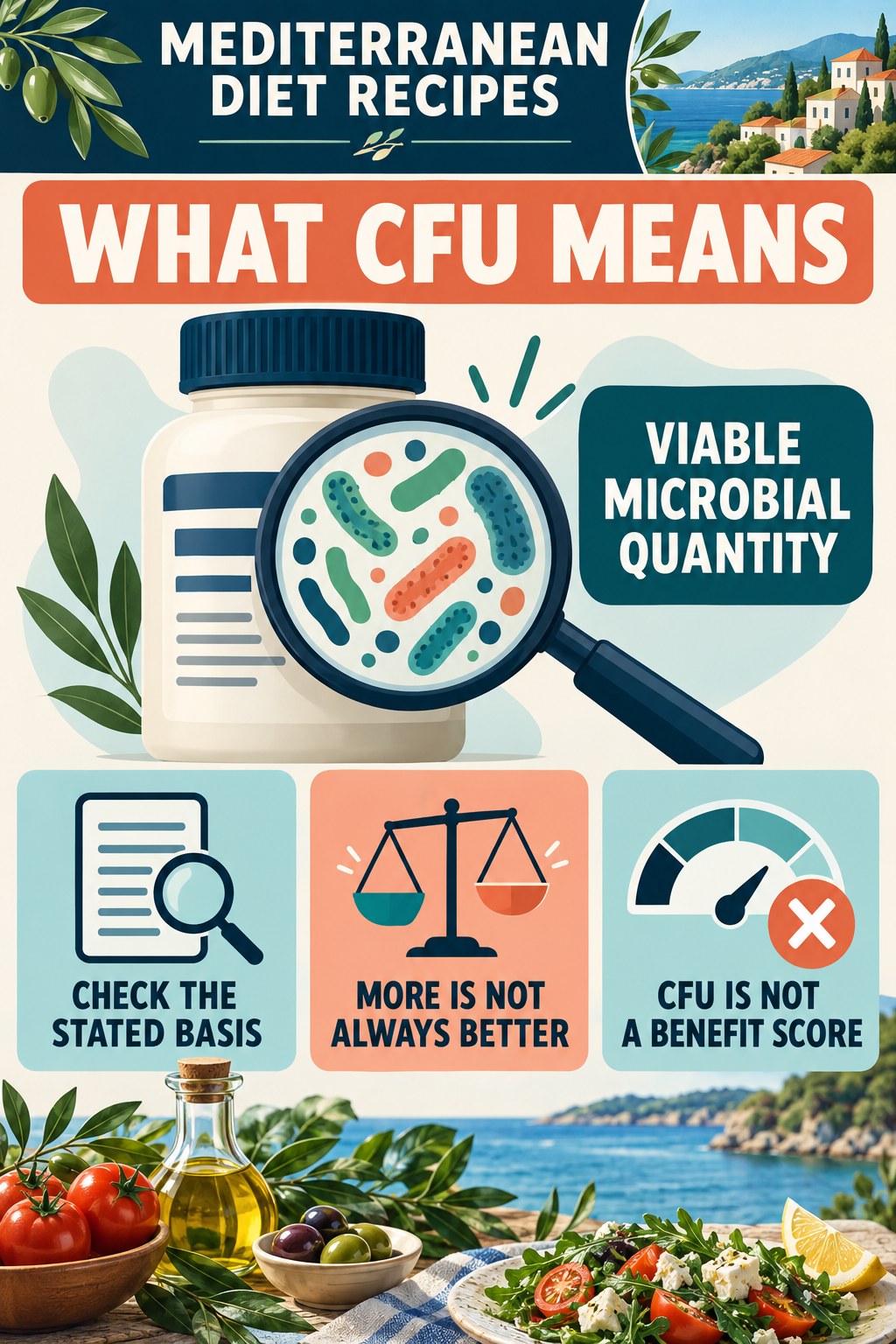 Read CFU as a Quantity, Not a Quality Score infographic for Mediterranean Diet Recipes with four concise probiotic-label reading points.