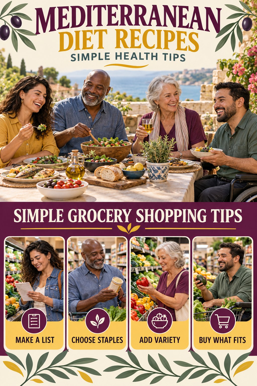Mediterranean Diet Recipes simple-health graphic titled Simple Grocery Shopping Tips with four practical wellness prompts.