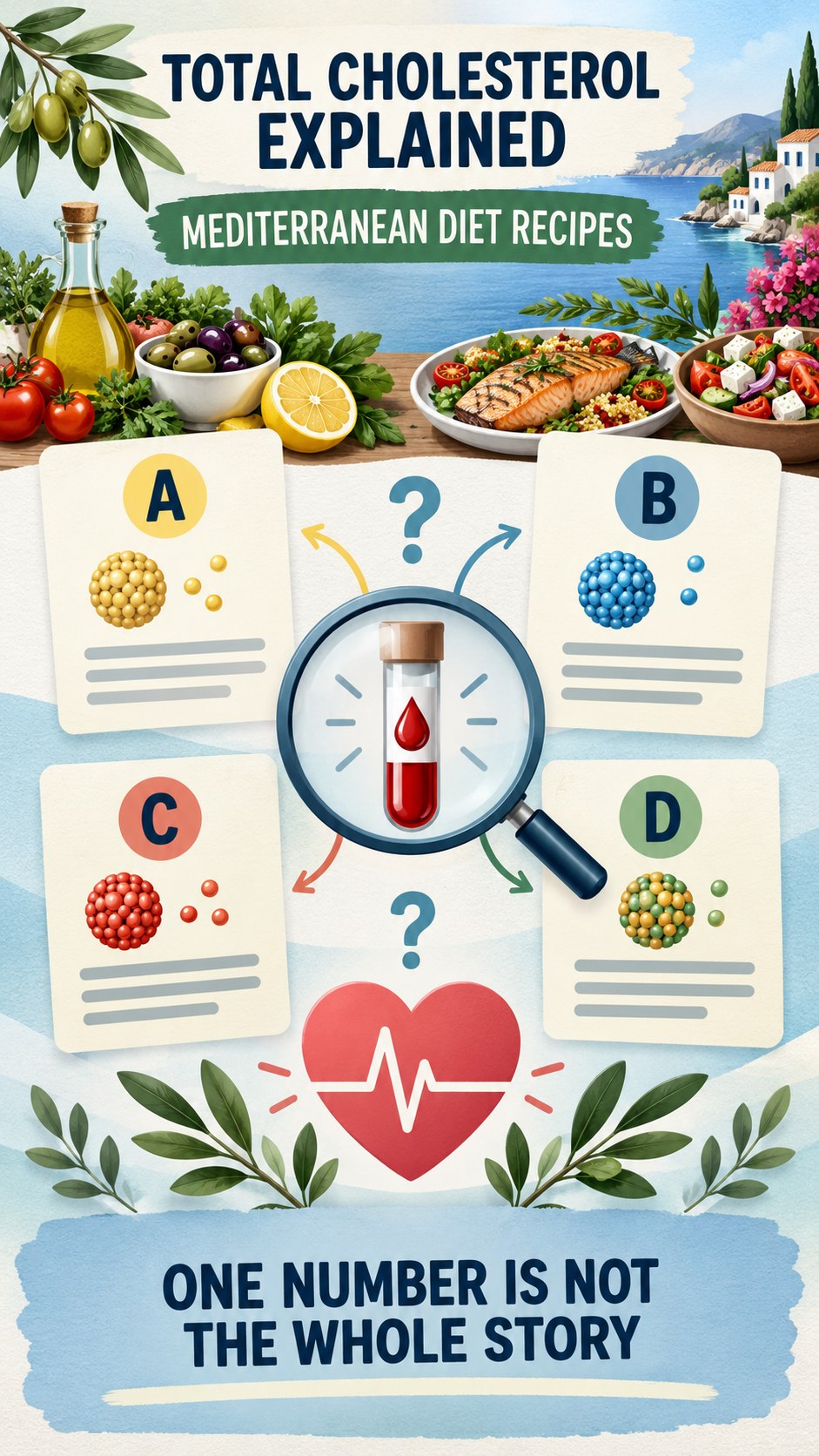 Total Cholesterol Interpretation Guide infographic for Mediterranean Diet Recipes, using a non-numerical educational lipid-panel layout with question and context icons.