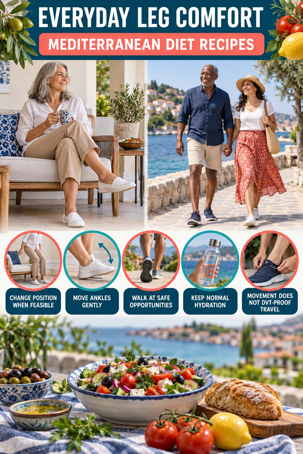 Travel Leg Comfort infographic for Mediterranean Diet Recipes with five gentle movement, position, footwear, recovery, or safety actions.