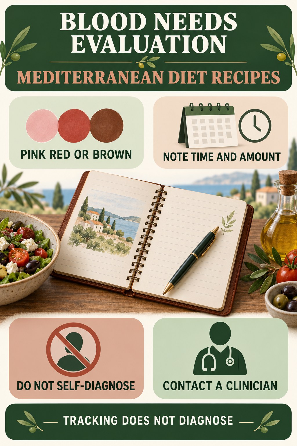 Treat Blood in Urine as a Medical Signal urinary symptom tracking infographic for Mediterranean Diet Recipes with four practical diary points and a non-diagnostic reminder.