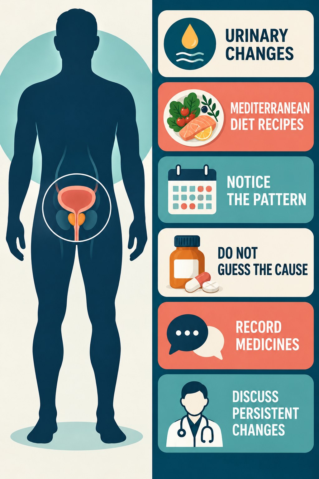 Urinary Changes Start a Conversation, Not a Diagnosis infographic for Mediterranean Diet Recipes with four concise prostate-health awareness points.