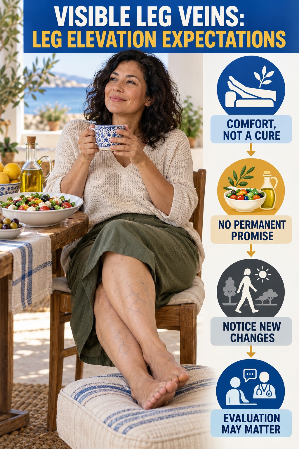 Leg Elevation Expectations infographic for Mediterranean Diet Recipes, showing body-neutral visible-leg-vein appearance care and the boundary between temporary cosmetic support and treatment.