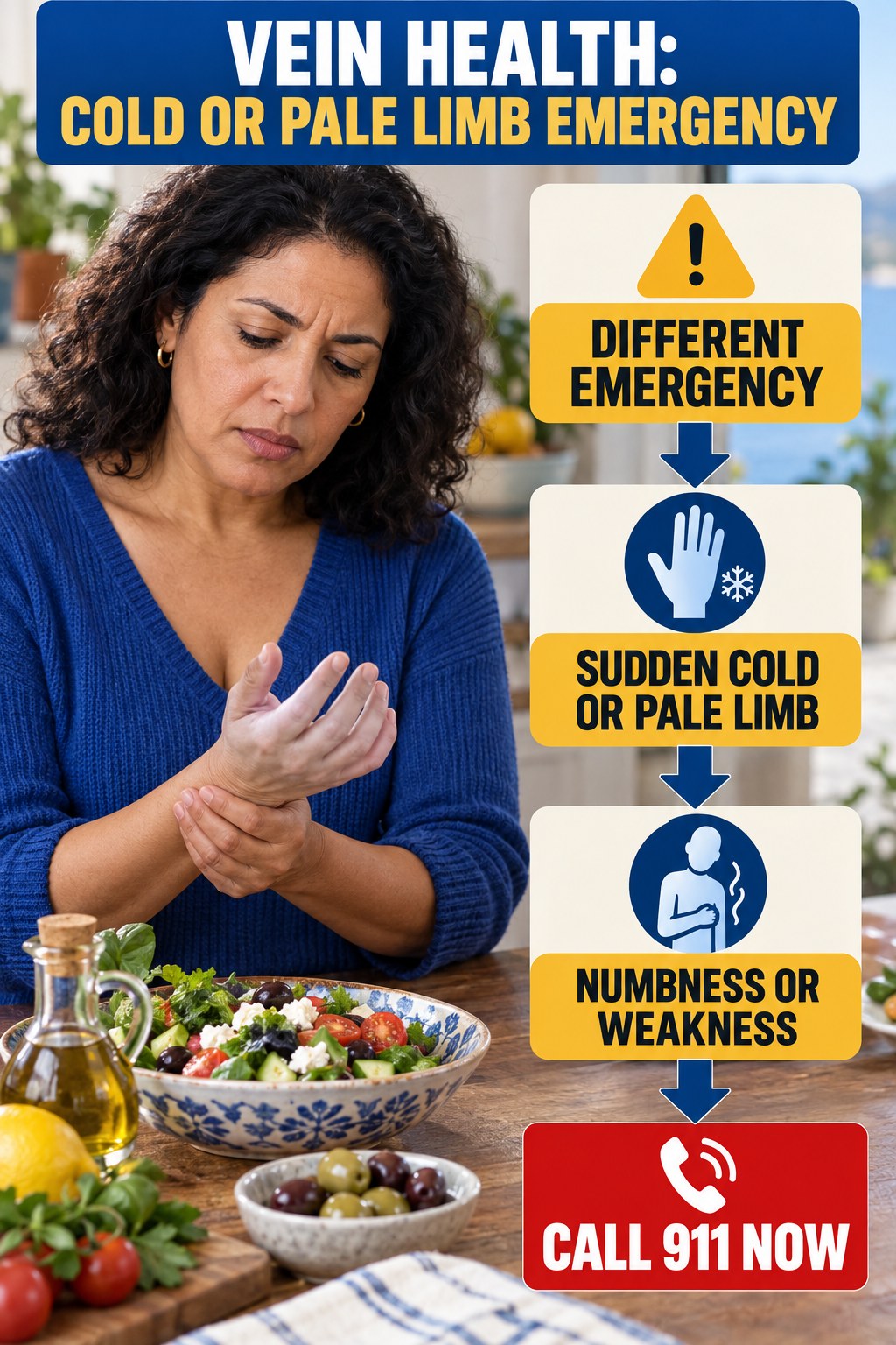 Cold or Pale Limb Emergency infographic for Mediterranean Diet Recipes, explaining vein-health warning signs and the appropriate next action without diagnosing a condition.