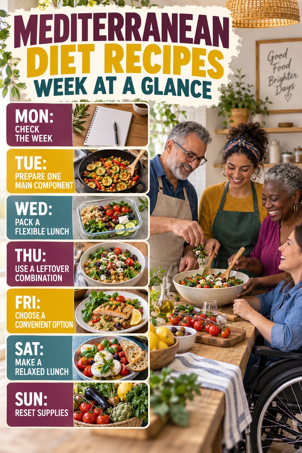 Weekly Mediterranean Diet Recipes plan graphic with concise Monday-to-Sunday actions and flexible recovery guidance.